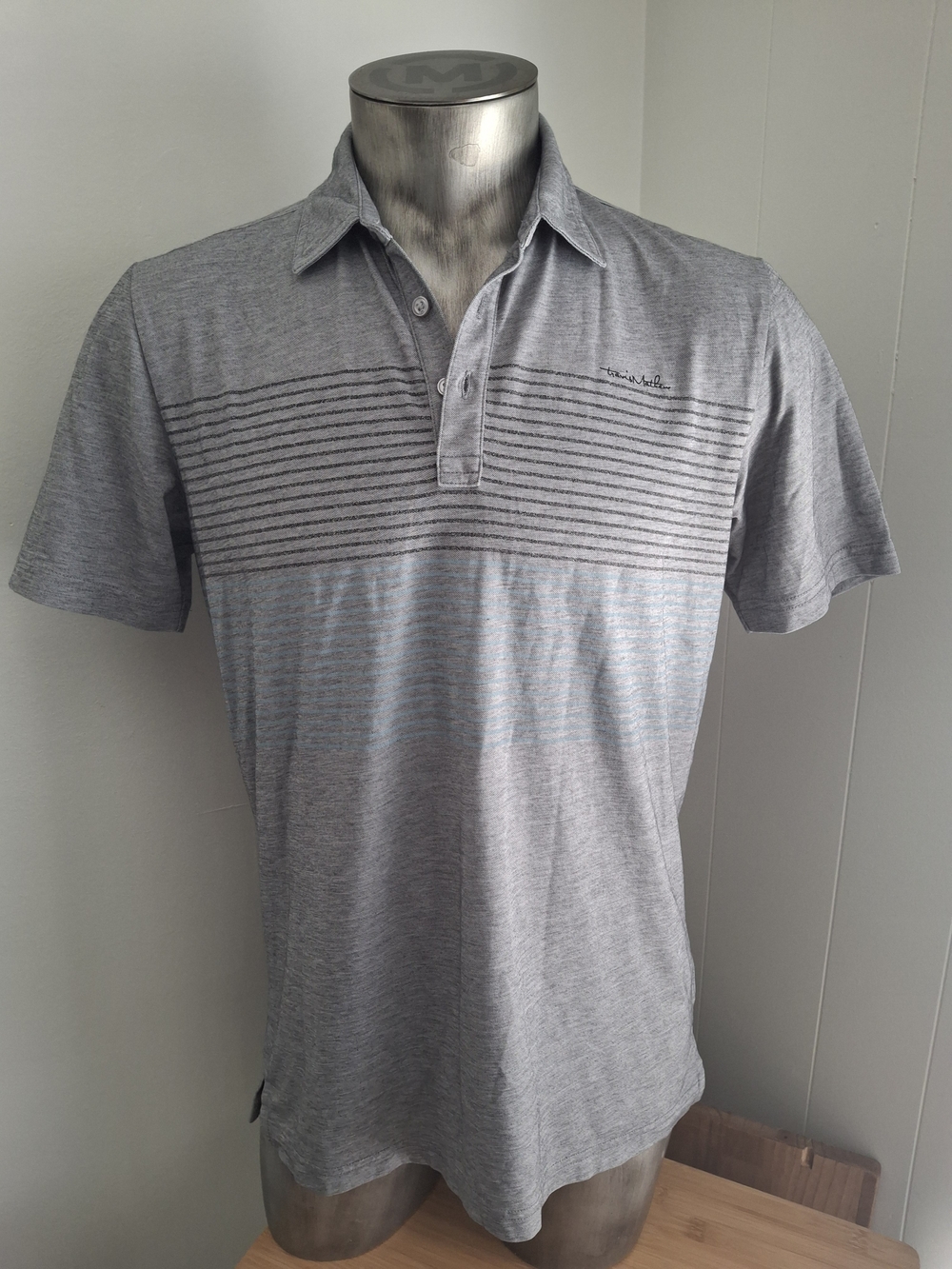 Travis Mathew Men's Light Gray Polo with Horizontal Stripe Detail